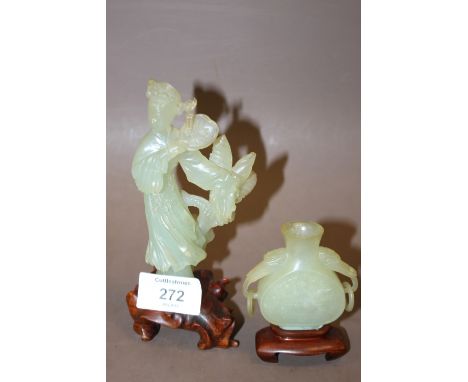 A CARVED ORIENTAL JADE GEISHA FIGURE TOGETHER WITH AN ORIENTAL CARVED JADE TWIN HANDLED VASE