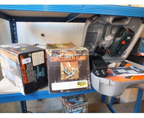 A STANLEY CIRCULAR SAW TOGETHER WITH A BLACK & DECKER SANDER AND CASED BLACK & DECKER QUATRO DRILL SET
