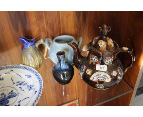 A BARGEWARE TEAPOT DATED 1882 TOGETHER WITH A POWDER BLUE VASE, GLAZED JUG AND ANOTHER (4)