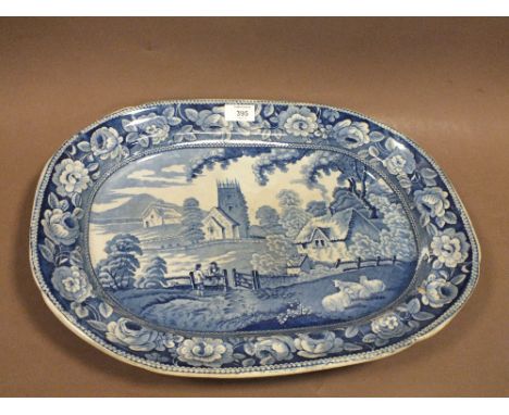 A LARGE VINTAGE BLUE AND WHITE STAFFORDSHIRE STYLE MEAT PLATE