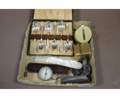 A BOX OF COLLECTABLES TO INCLUDE A COMPASS, PAGE TURNERS ETC