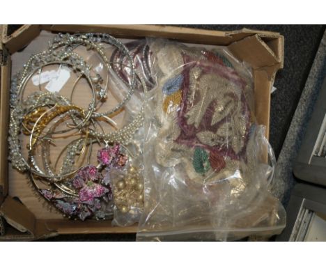 A BOX OF VINTAGE COSTUME JEWELLERY ETC TO INCLUDE A BEADED CUSHION