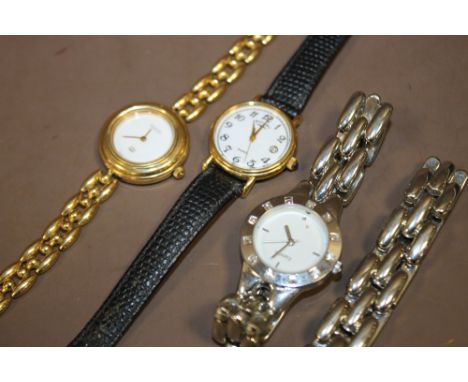 THREE LADIES WRISTWATCHES TO INCLUDE A GUCCI STYLE EXAMPLE, ROTARY ETC