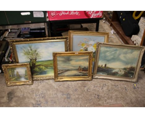 A SELECTION OF VINTAGE GILT FRAMED OIL PAINTINGS BY VARIOUS ARTISTS COUNTRY SCENES, FLOWERS ETC.