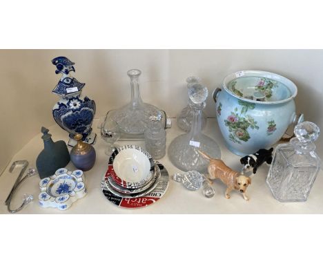 Quantity of general china to including slop pale with cane handle, two Beswick dogs, quantity of glass decanters, Poole Potte