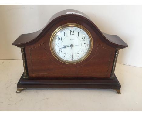 Edwardian inlaid mahogany small French mantle clock, by Bloom Glasgow, with key. 27cmL CONDITION with minor wear 