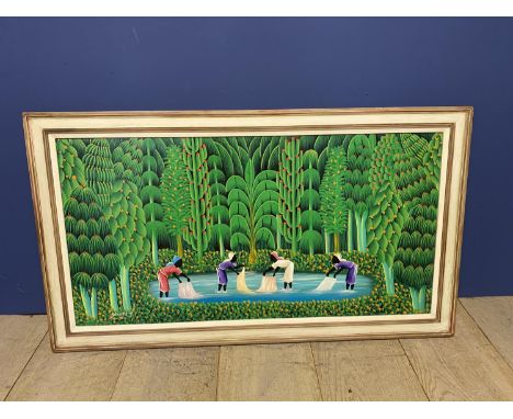 Decorative colourful, framed oleograph - Ladies washing in lake in Antigua   51.5 x 98.5 
