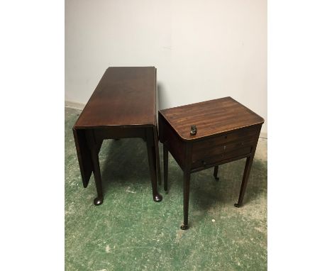 Mahogany drop leaf gate leg table 28" high, 52" long 43"wide and small Georgian square-topped side table with two drawers and