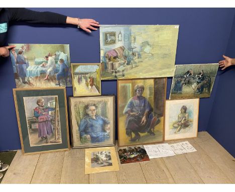 A quantity of framed and unframed portrait pictures and artwork, part of a clearance from a former artists studio in Wiltshir