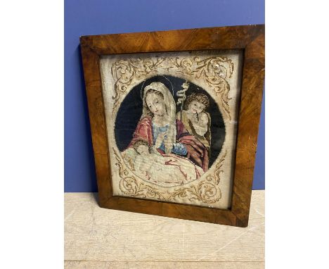 Tapestry needlework depicting Madonna and child in maple frame  40 x 35 