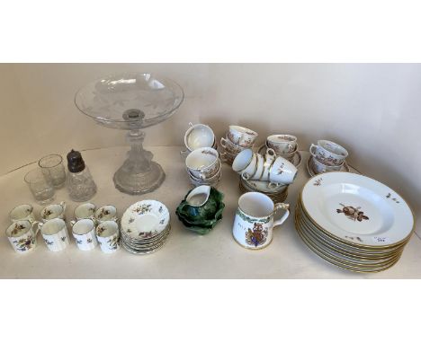 Quantity of china and glass, including a glass comport raised on dolphin design base, Royal Worcester, Spode, etc 