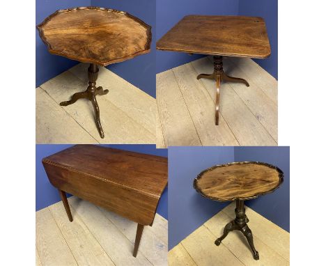 Victorian mahogany Pembroke table, Regency pedestal snaptop table, pie crust pedestal table and a modern pedestal table 