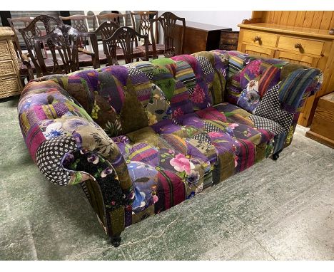 Very decorative multi coloured sofa and chair, sofa is 180cm L(CHAIR 129 CM WIDE AT WIDEST POINT, DEPTH FRONT TO BACK 94CM, H