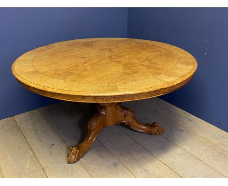 C19th burr waltnut tilt top breakfast table mounted on a carved pedestal base with ballard claw feet Circa 1880 135 diam 