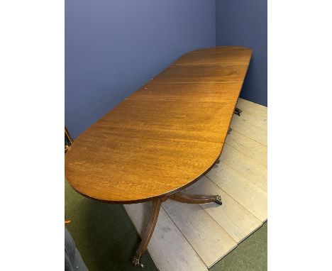 Modern reproduction triple pedestal dining table, condition - some general wear, marks and chips 