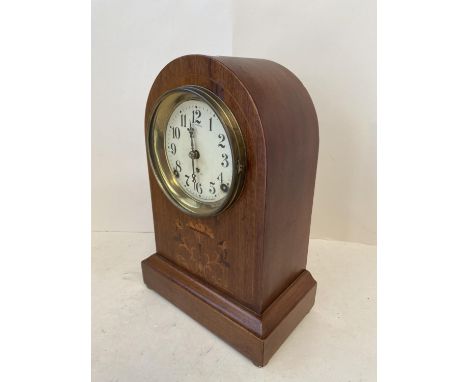 Edwardian inlaid mahogany mantle clock, American, with twin fusee 8 day movement, Seth Thomas, manufactured in USA, 33cmH CON