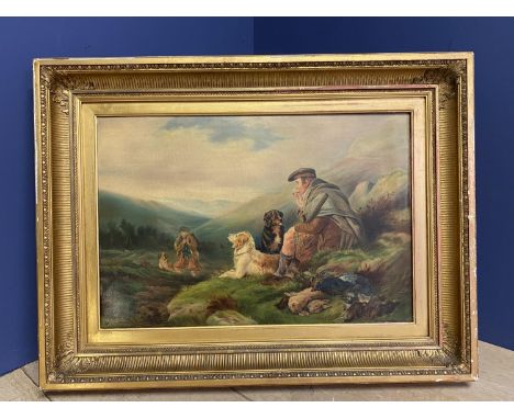 C19th Highland scene keeper with 2 dogs, signed &amp; date indistinclty  lower left E R Bandlivk 1887 ? 42x63cm, in gilt fram