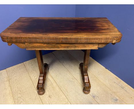 William IV rosewood foldover card table with green baize interior, CONDITION: top with faded edging and part veneer missing 