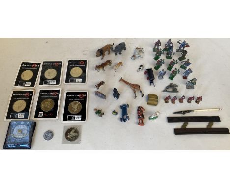 Quantity of small toy animals, soldiers, various Royal Mint, World Savers medal etc and vintage measuring tools 