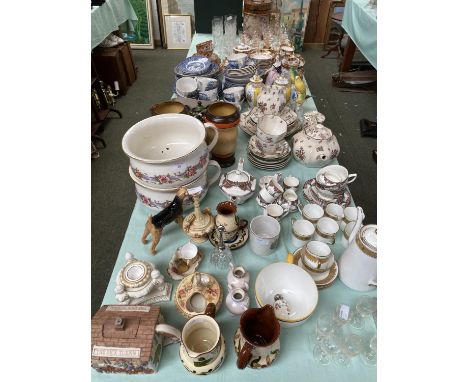 Large quantity of china and glass, to include, Royal Worcester blush, Crown Ducal, Doulton, Royal Albert, etc Blue and White 