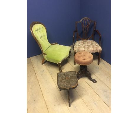 Victorian show frame upholstered nursing chair button back in green velvet, a revolving circular piano stool on tripod base, 