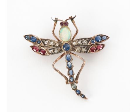 Brosche Libelle, 2. Hälfte 19. Jh., Roségold 585/Silber, 14 Saphire, sechs Rubine, Opal, Diamanten, ca. 7.57 g