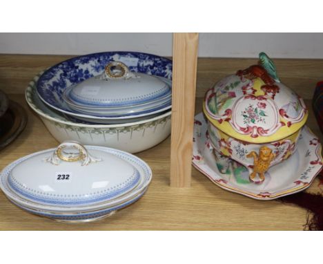 A French faience tureen, cover and stand, two pottery basins and a pair of Royal Worcester tureens and covers