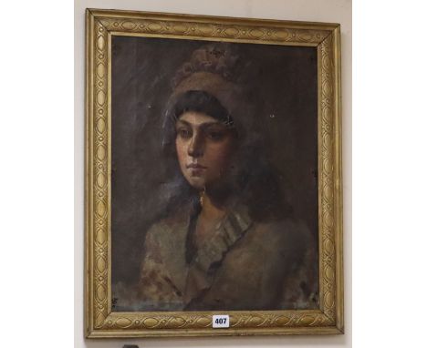 Late 19th century English School, oil on canvas, Portrait of a girl wearing a bonnet, 50 x 40cm
