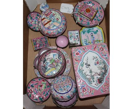 A large group of Chinese Canton enamel pink ground wares, 19th/20th century