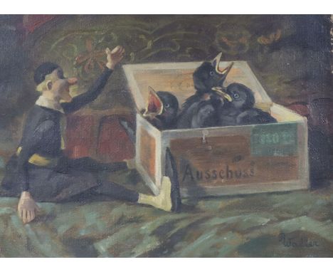 Renz Waller (b.1895) oil on canvas, Puppet beside blackbirds in a cigar box, signed, 38 x 53cm, unframed