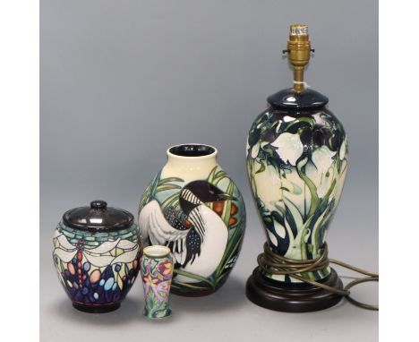 A Moorcroft table lamp, a vase, a lidded bowl and a miniature vase lamp height 32cm