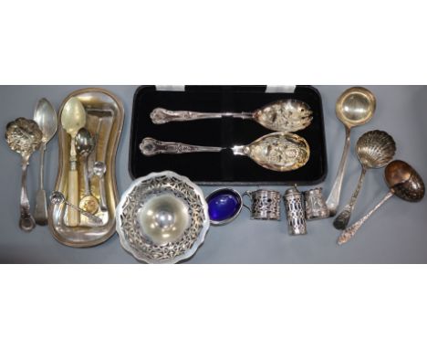 A group of silver including condiments, George III sauce ladle and plated flatware