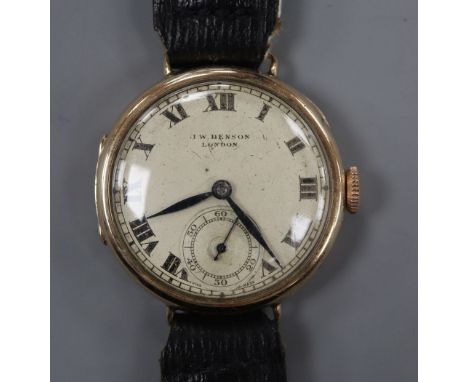 An early 20th century 9ct gold J.W. Benson manual wind wrist watch, with Roman dial and subsidiary seconds, in J.W. Benson bo