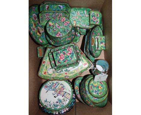 A group of Chinese Canton enamel green or black ground boxes, dishes etc, 19th/20th century