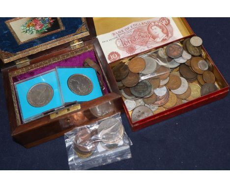 A collection of coins, including two George III crowns, a George II shilling, various Georgian copper coins (all worn), three