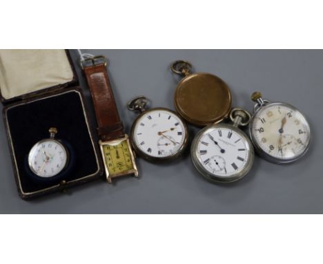 A gentleman's late 1920's Art Deco 9ct gold manual wind wrist watch and five assorted pocket or fob watches.