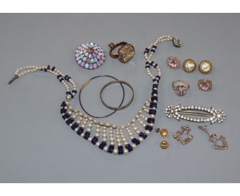 A yellow metal opal? cluster and gem set domed brooch, a masonic seal and compass various earrings, bracelets, ring and brooc