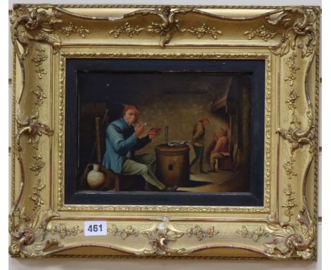 Flemish School, oil on panel, Interior with pipe smokers, 16 x 24cm