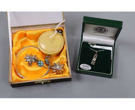 A silver open face pocket watch with bakelite (?) cover, a Chinese sterling bangle, a silver pendant on chain and two pairs o