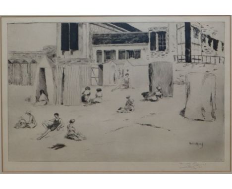 Theodore Roussell (1914-1989), etching, Bathers and beach huts, signed in pencil, 23 x 36cm