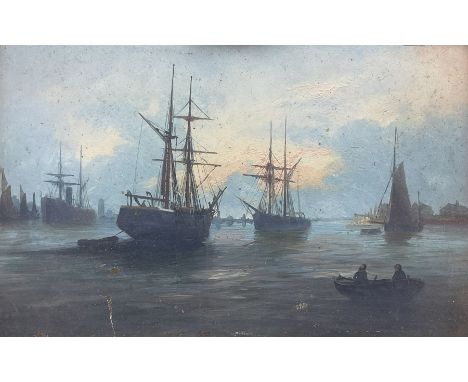 Circle of Edwin Henry Eugene Fletcher (British 1857-1945): Busy Shipping, oil on board signed with initials EF 14cm x 22cm, t