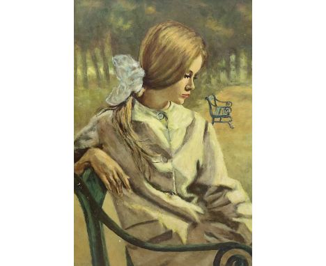 WJ Sargent (20th century): Lady at a Park Bench, oil on board signed 44cm x 30cm