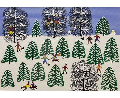 Gordon Barker (British 1960-): Playing in the Snow, acrylic on paper signed 24cm x 34cm