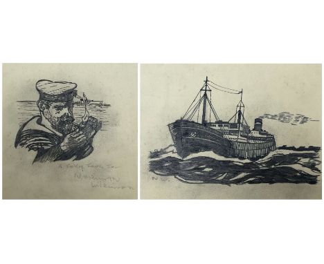 Norman Wilkinson CBE RI (British 1878-1971): Fisherman Lighting his Pipe and Trawler at Sea, two pencil drawings signed 16.5c