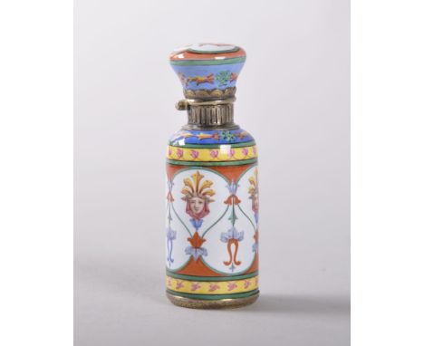A GOOD FRENCH EMPIRE ENAMEL PERFUME BOTTLE AND STOPPER, with enamel decoration of masks etc., with hinged silver cap and silv
