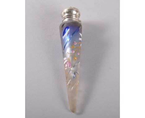 A VICTORIAN ICICLE SHAPED FROSTED TAPERING GLASS PERFUME BOTTLE, CIRCA. 1880, with blue overlay and enamel flowers with silve