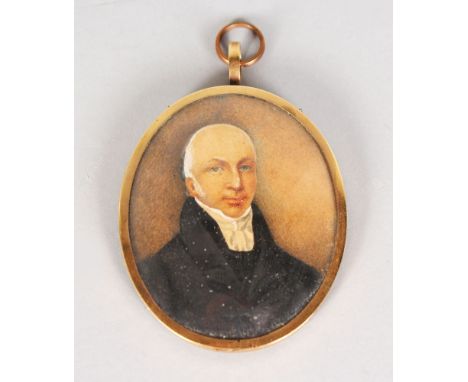 EARLY 19TH CENTURY ENGLISH, CIRCA. 1820 AN OVAL PORTRAIT MINIATURE OF A GENTLEMAN wearing a black coast and white neck tie. 7