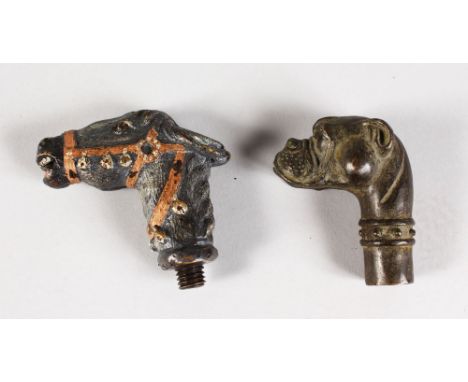 TWO CAST BRONZE WALKING STICK HANDLES, modelled as a dogs head and a donkey head.