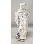 A THREE QUARTER LIFE SIZE PAINTED STONE FIGURE DEPICTING HARVEST, a classical young lady carrying