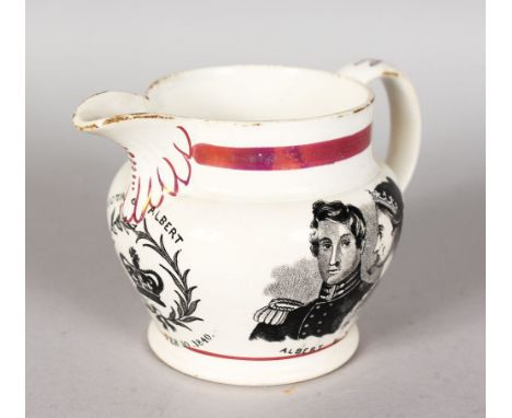 A SUNDERLAND LUSTRE JUG, VICTORIA AND ALBERT MARRIED FEB 10, 1840 with a portrait of ALBERT & VICTORIA and WINDSOR CASTLE.  3